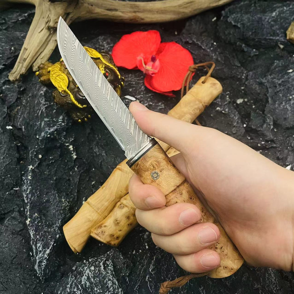 Cutit handmade Premium, 'Amicul Samuraiului', cu Maner si Teaca din Lemn de Bambus Natural, 22cm, PriStyle®
