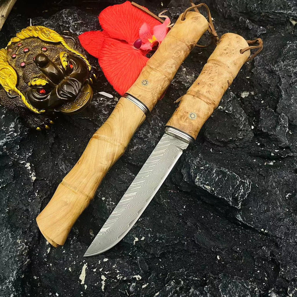 Cutit handmade Premium, 'Amicul Samuraiului', cu Maner si Teaca din Lemn de Bambus Natural, 22cm, PriStyle®