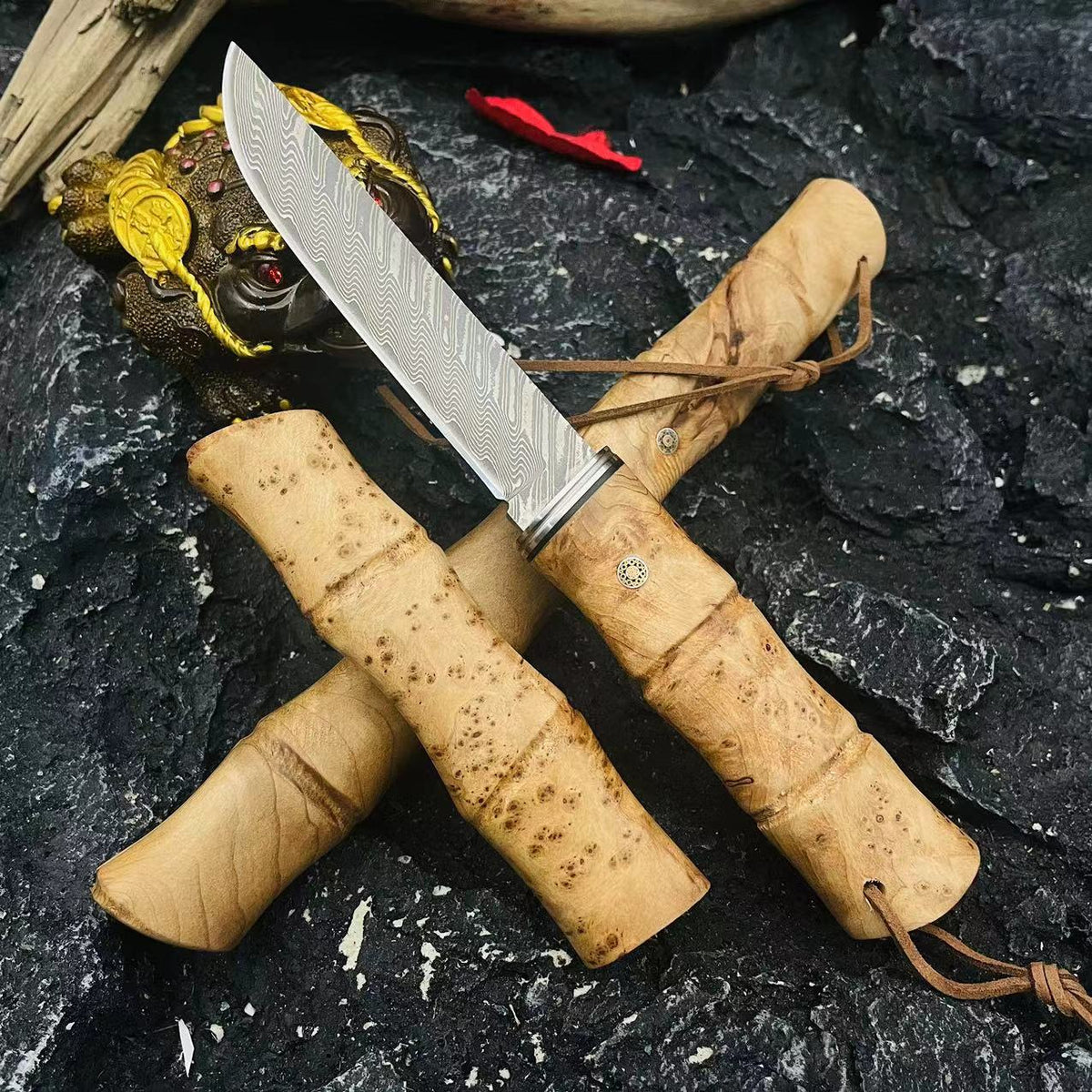 Cutit handmade Premium, 'Amicul Samuraiului', cu Maner si Teaca din Lemn de Bambus Natural, 22cm, PriStyle®