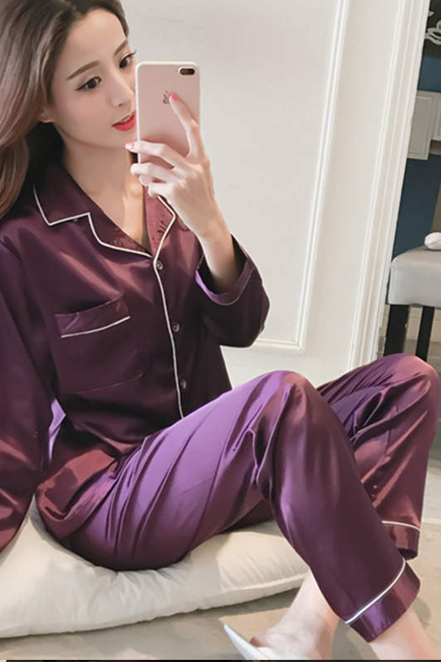 Pijamale Satinate Dama Largi, Tip Loose, 2 Piese, Pantalon si Bluza, Mov, XL/170/92A