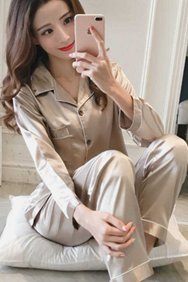 Pijamale Satinate Dama Largi, Tip Loose, 2 Piese, Pantalon si Bluza, Crem/Bej, 2XL/175/96A