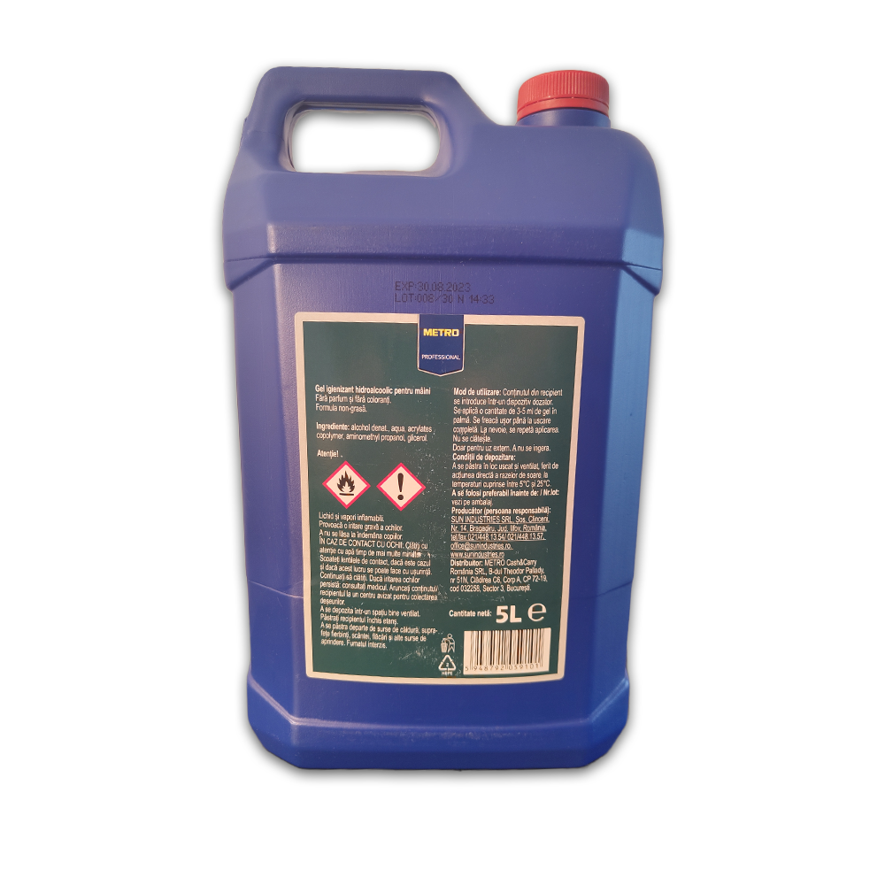 Gel igienizant pentru maini cu alcool fara parfum, rezerva dozator dezinfectant, 5l, Metro Professional