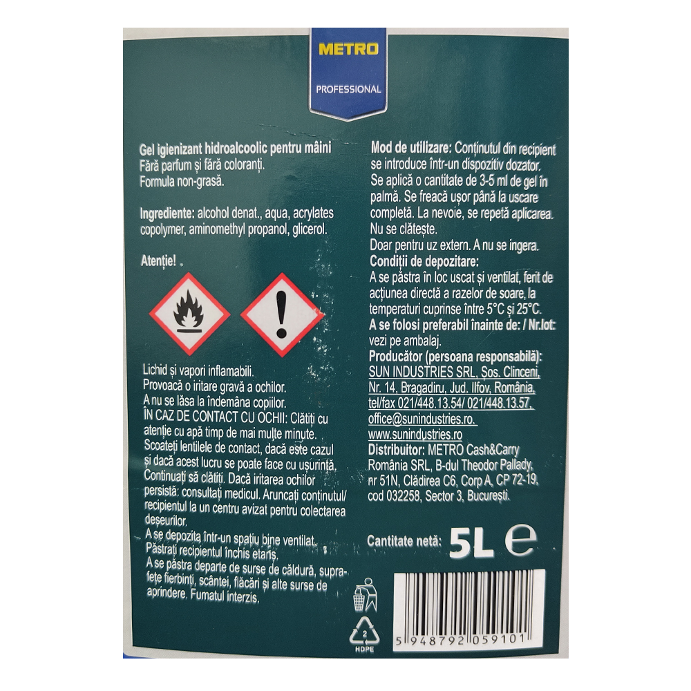 Gel igienizant pentru maini cu alcool fara parfum, rezerva dozator dezinfectant, 5l, Metro Professional