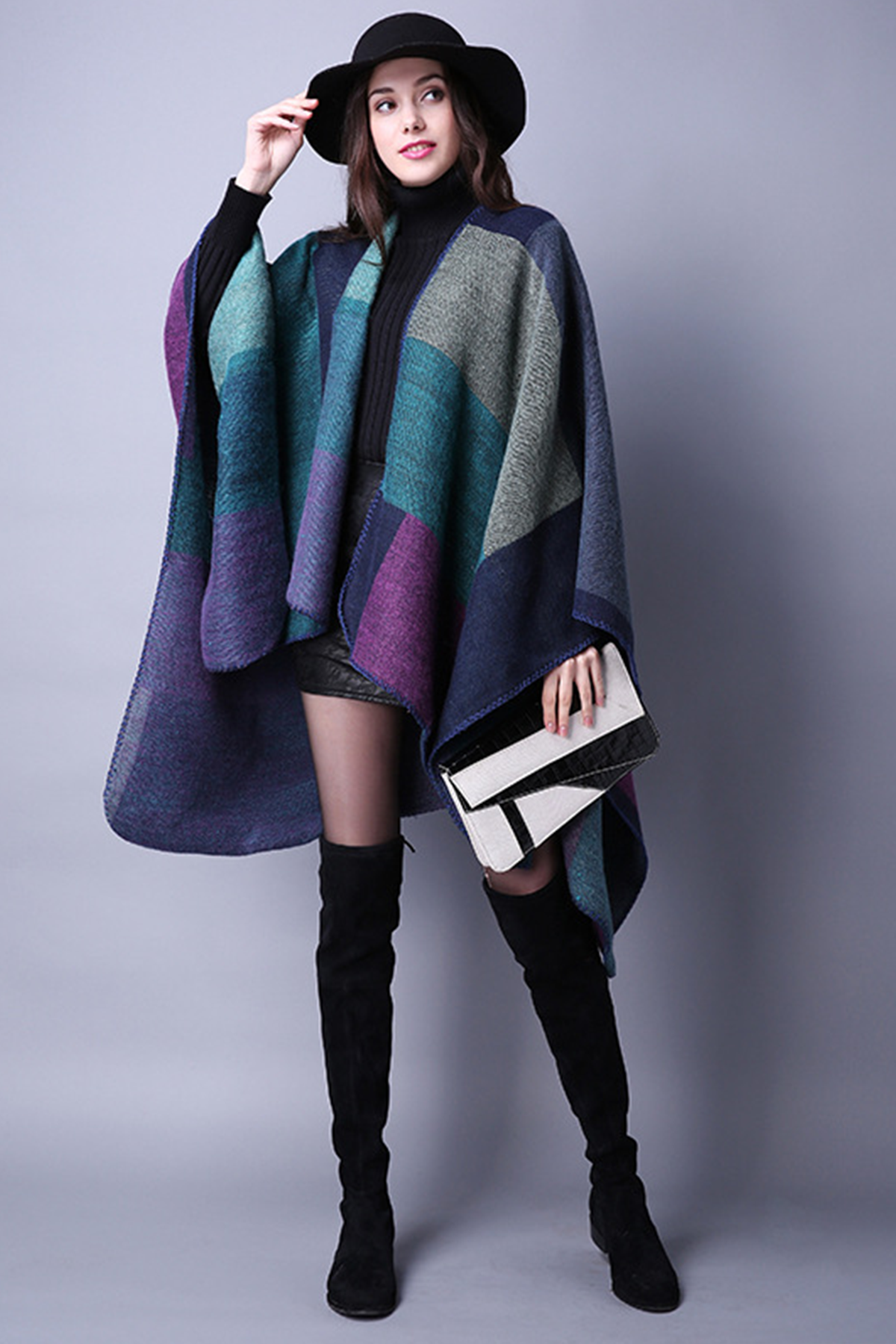 Cardigan Gros fara Maneci tip Sal pentru Sezonul Rece, 150 x 130 cm, Material Impletit, Mov