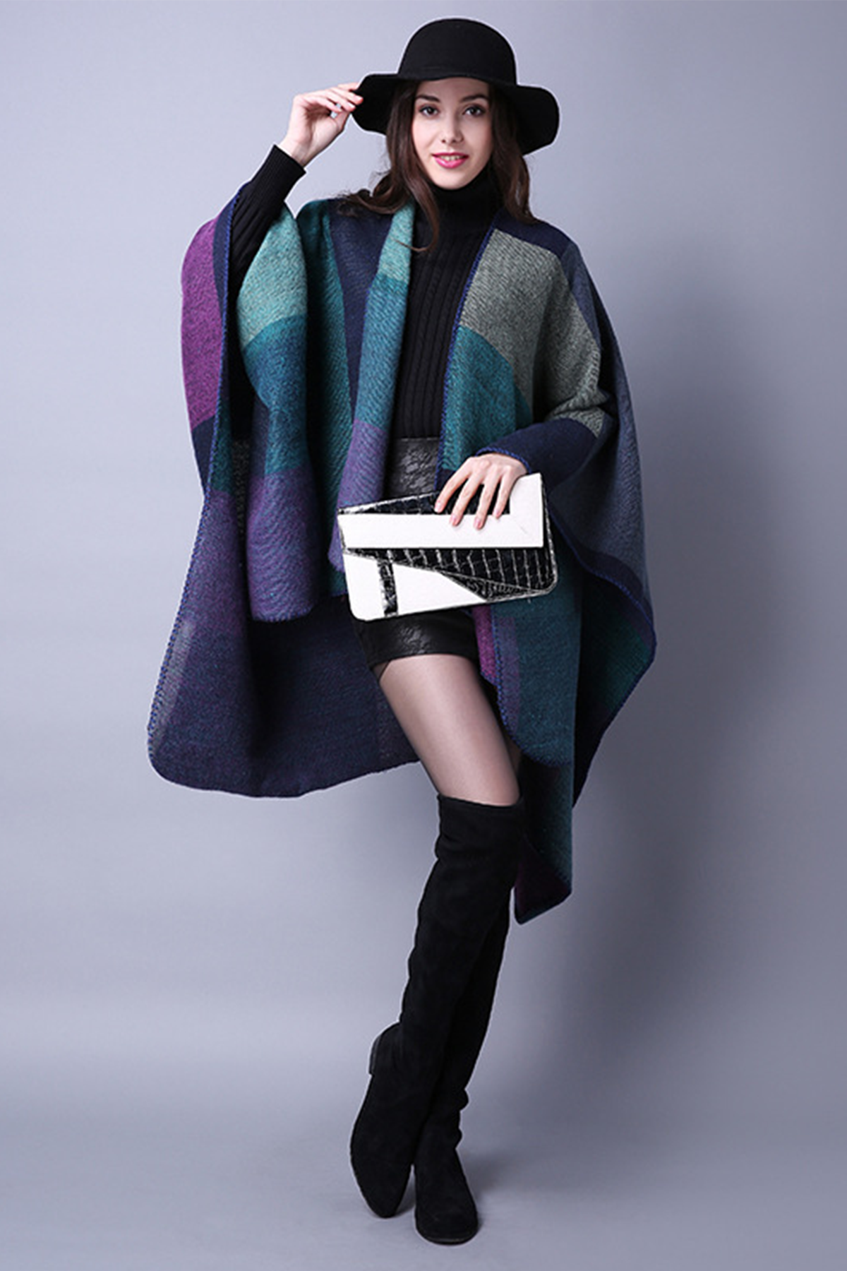 Cardigan Gros fara Maneci tip Sal pentru Sezonul Rece, 150 x 130 cm, Material Impletit, Mov