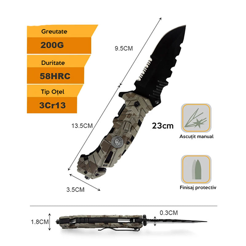 Cutit Pliabil Heavy Duty, tip Briceag, Army Style, pentru Camping Vanatoare Supravietuire si Bushcraft, HRC 58, Lama de 