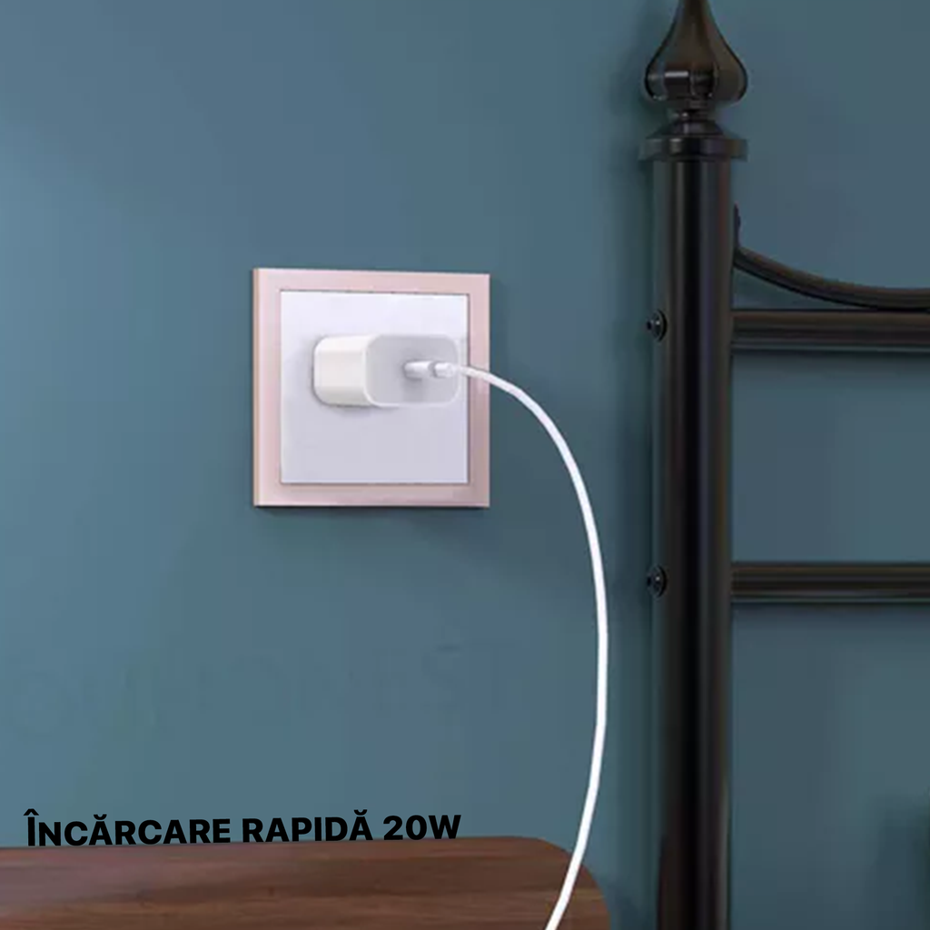 Set Adaptor Fast Charge 20w si Cablu de Incarcare Lightning pentru iPhone si iPad, Compatibil, Alb, Pristyle ®