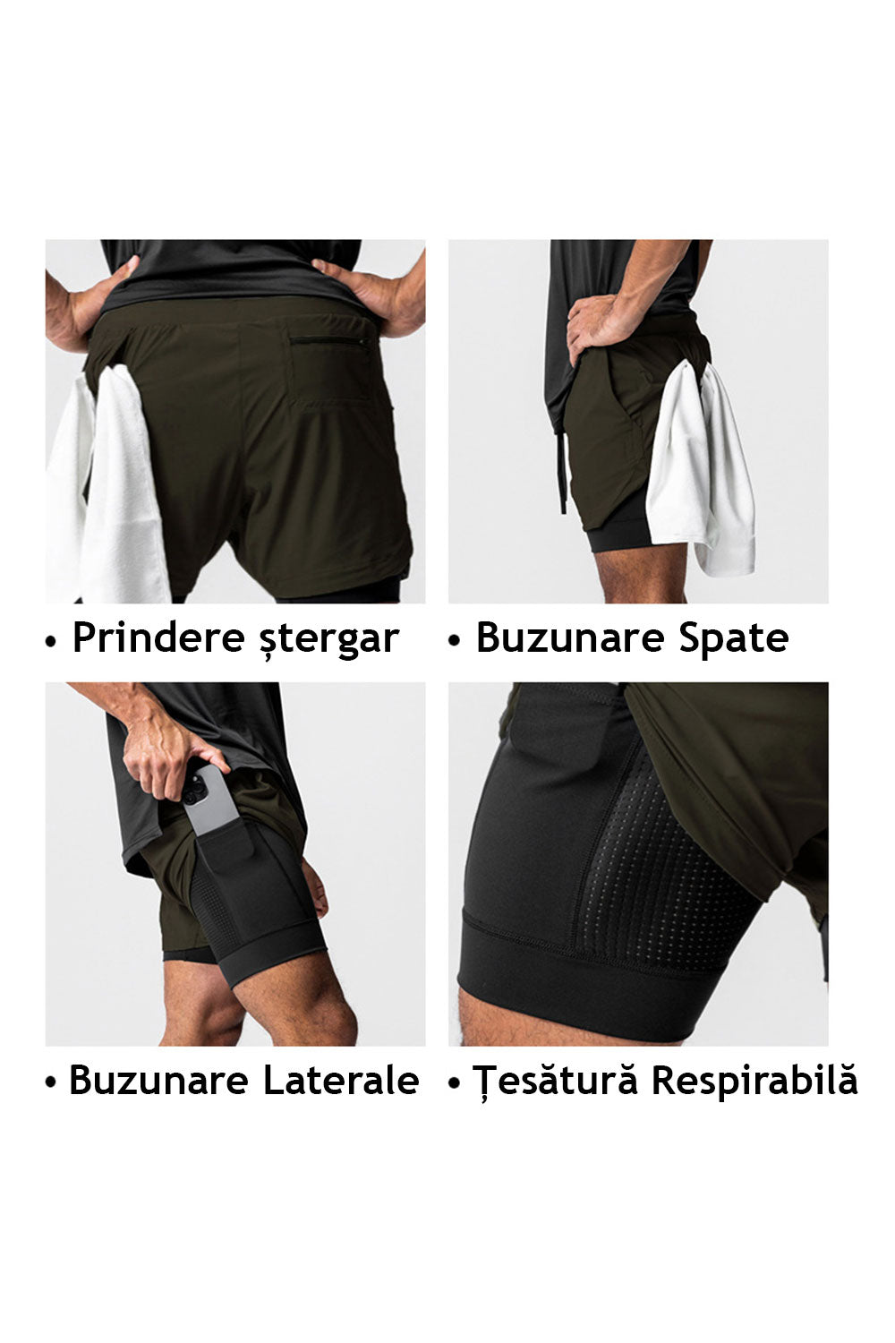 Pantaloni Scurti in Doua Straturi, Elastici si Respirabili, pentru Sala, Fitness sau Sport, Cu 3 Buzunare, Loc de Telefo