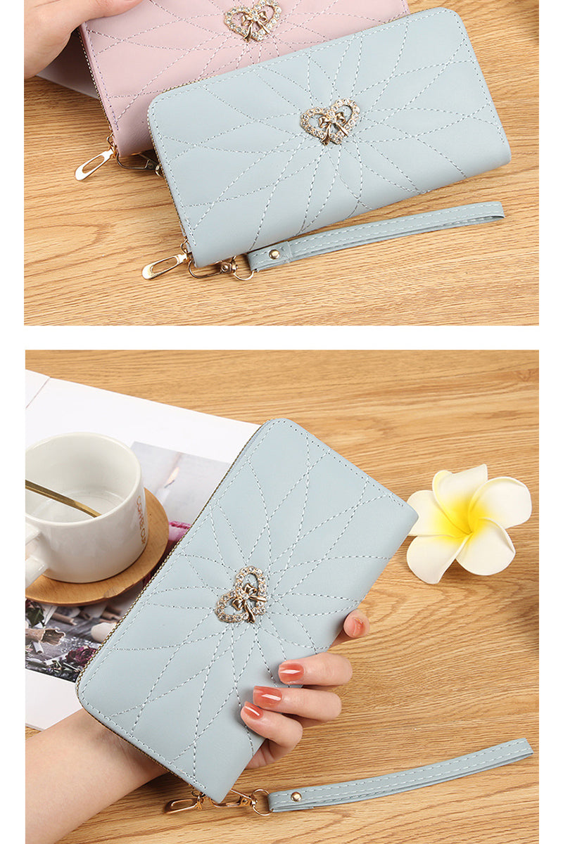 Portofel de Dama cu 16 Locuri de Card, Bancnote si Telefon, inchidere cu Fermoar, cu Insertie Eleganta de Inimioara si F
