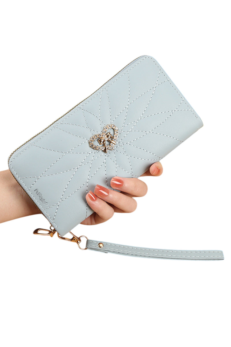 Portofel de Dama cu 16 Locuri de Card, Bancnote si Telefon, inchidere cu Fermoar, cu Insertie Eleganta de Inimioara si F