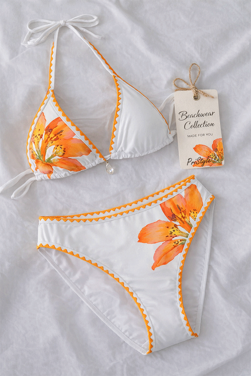 Costum de Baie Dama 2 Piese Imprimeu Floral Crini Sutien Triunghi Halter