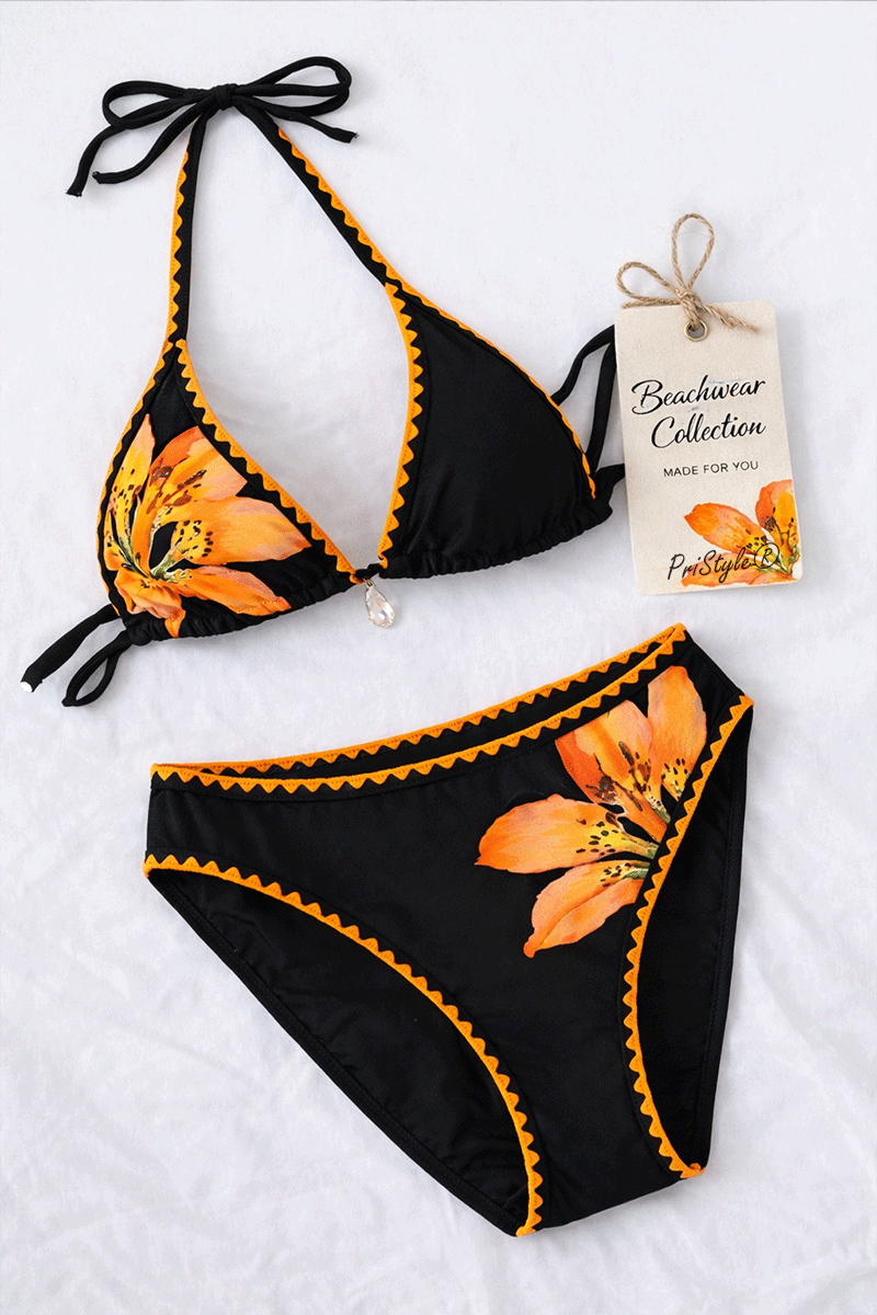 Costum de Baie Dama 2 Piese Imprimeu Floral Crini Sutien Triunghi Halter