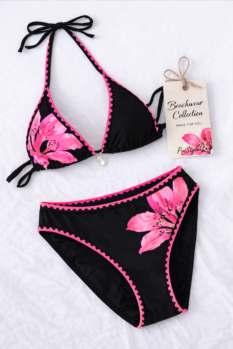 Costum de Baie Dama 2 Piese Imprimeu Floral Crini Sutien Triunghi Halter