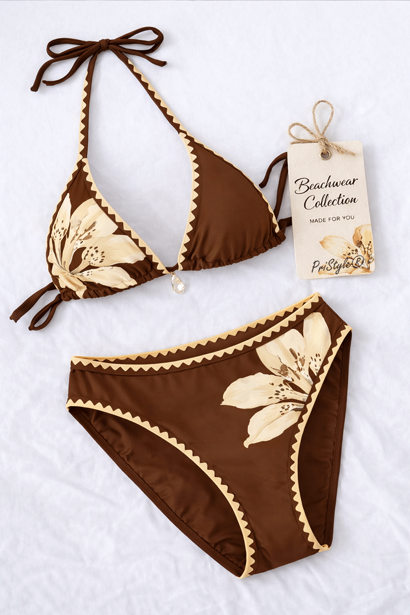 Costum de Baie Dama 2 Piese Imprimeu Floral Crini Sutien Triunghi Halter
